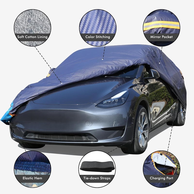 DINGHAO Tesla Model 3 Car Cover Waterproof All Weather, 6 Layers Outdoor Full Exterior Cover Rain Sun UV Snowproof Protection with Zipper Cotton, Mirror Pocket and Charging Port - Image 2